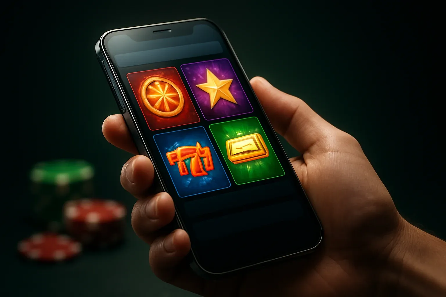 Cinematic flagship Android phone showing vivid casino app interface, studio lighting