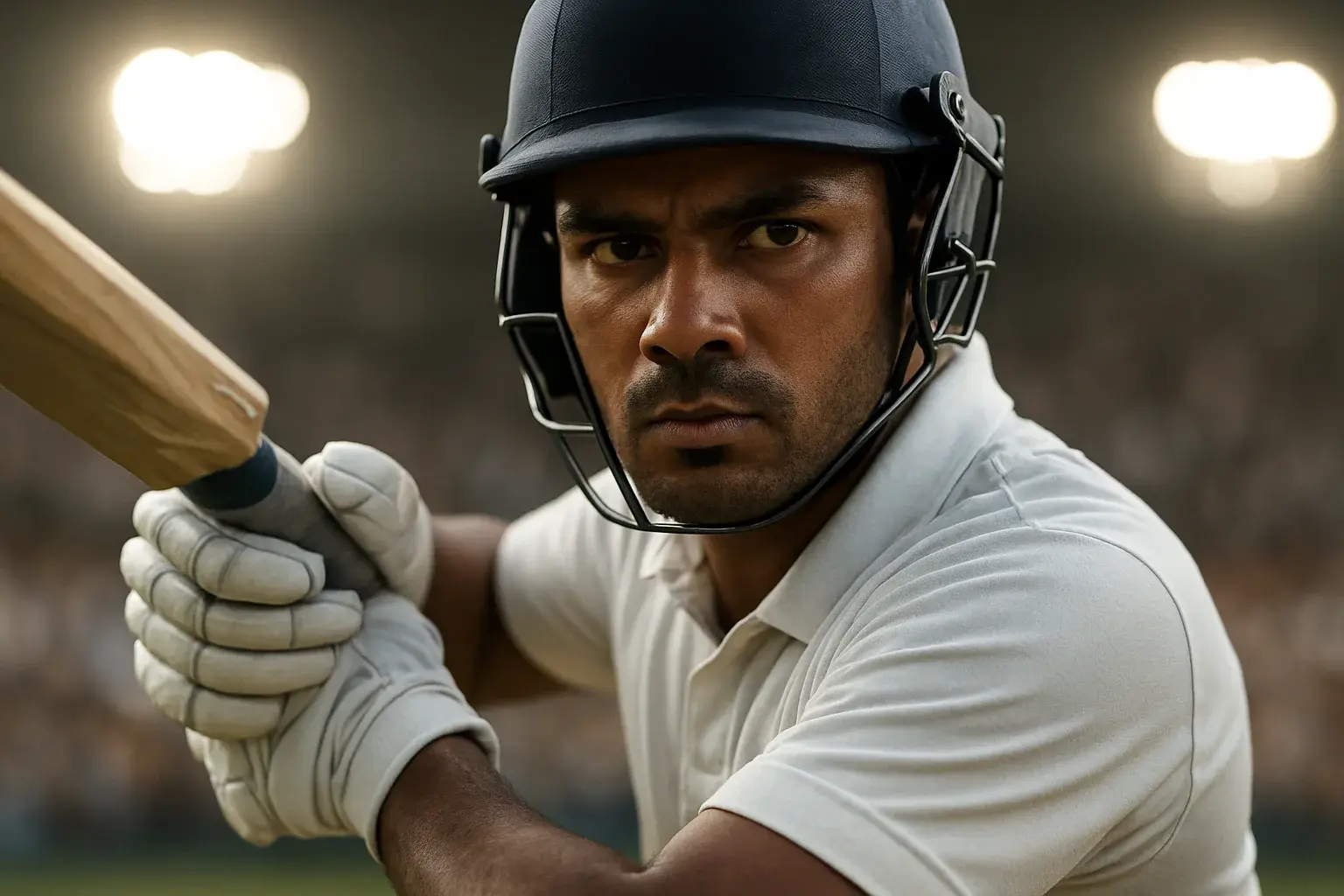 Hyperrealistic close-up of Bangladeshi cricket batsman swinging bat under stadium lights
