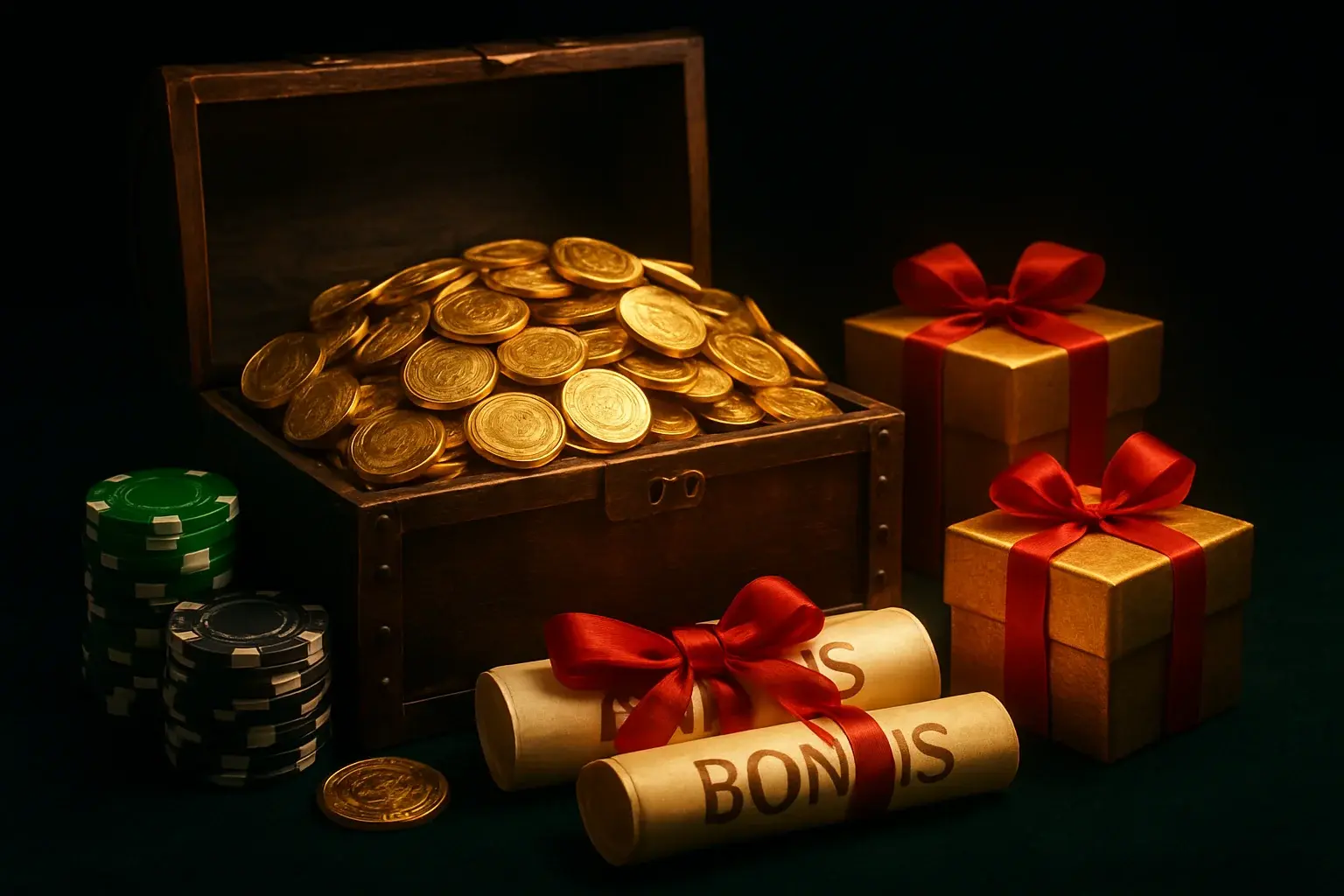 Overflowing treasure chest with gold coins, casino chips, bonus vouchers, gift boxes