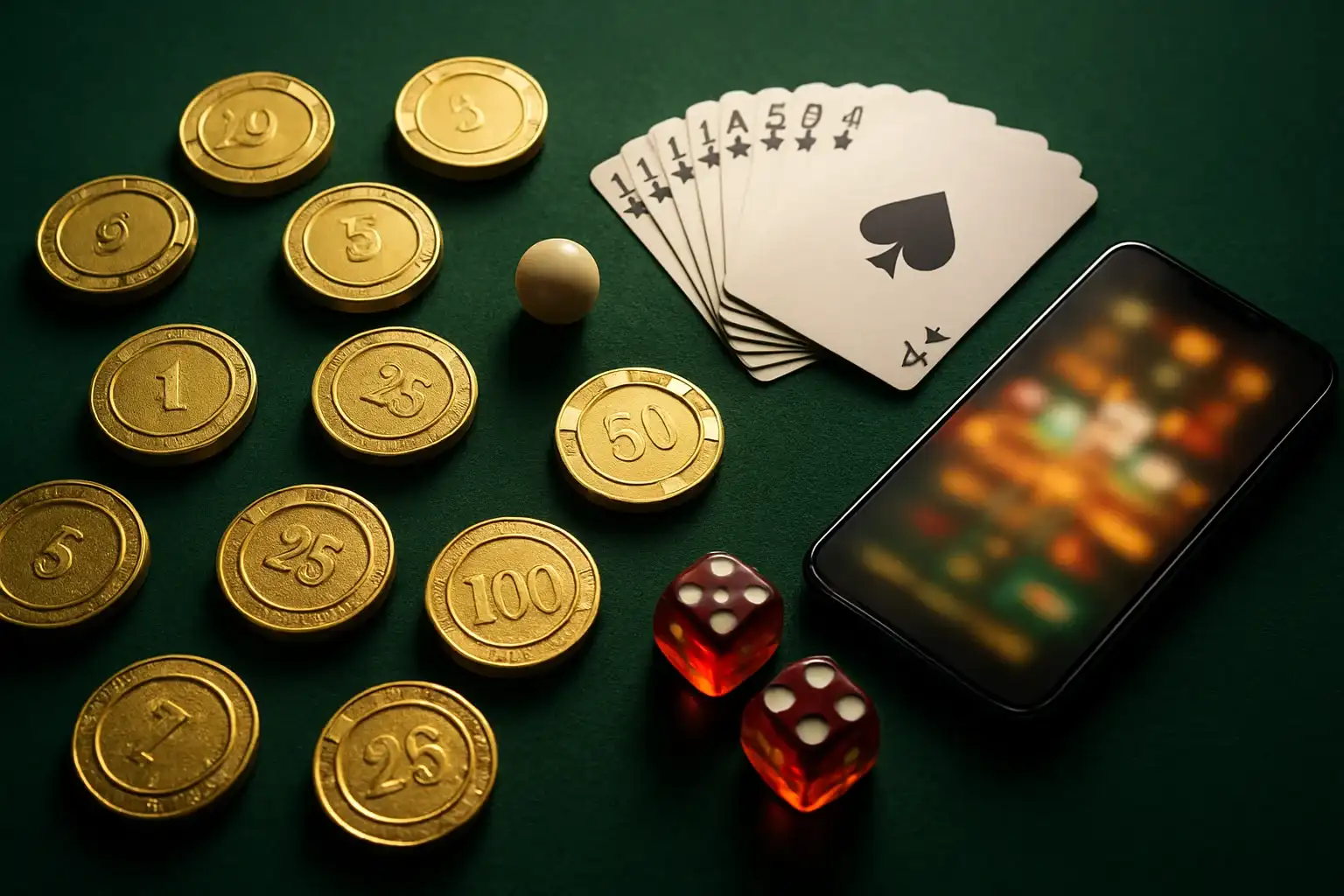 Top-down casino table with golden chips, cards, dice, roulette ball, smartphone