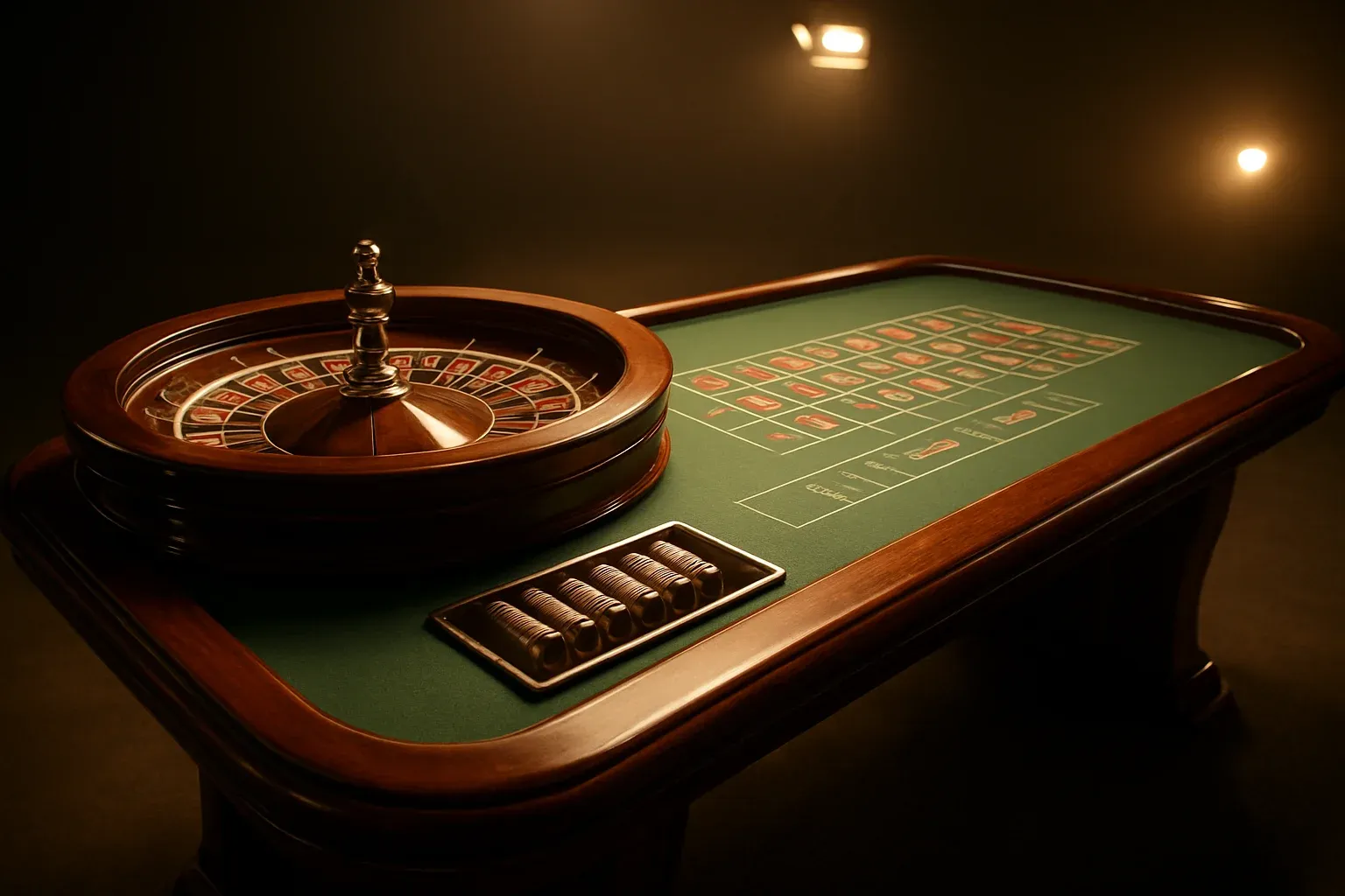 Hyperrealistic wide shot of empty roulette table in premium live casino studio