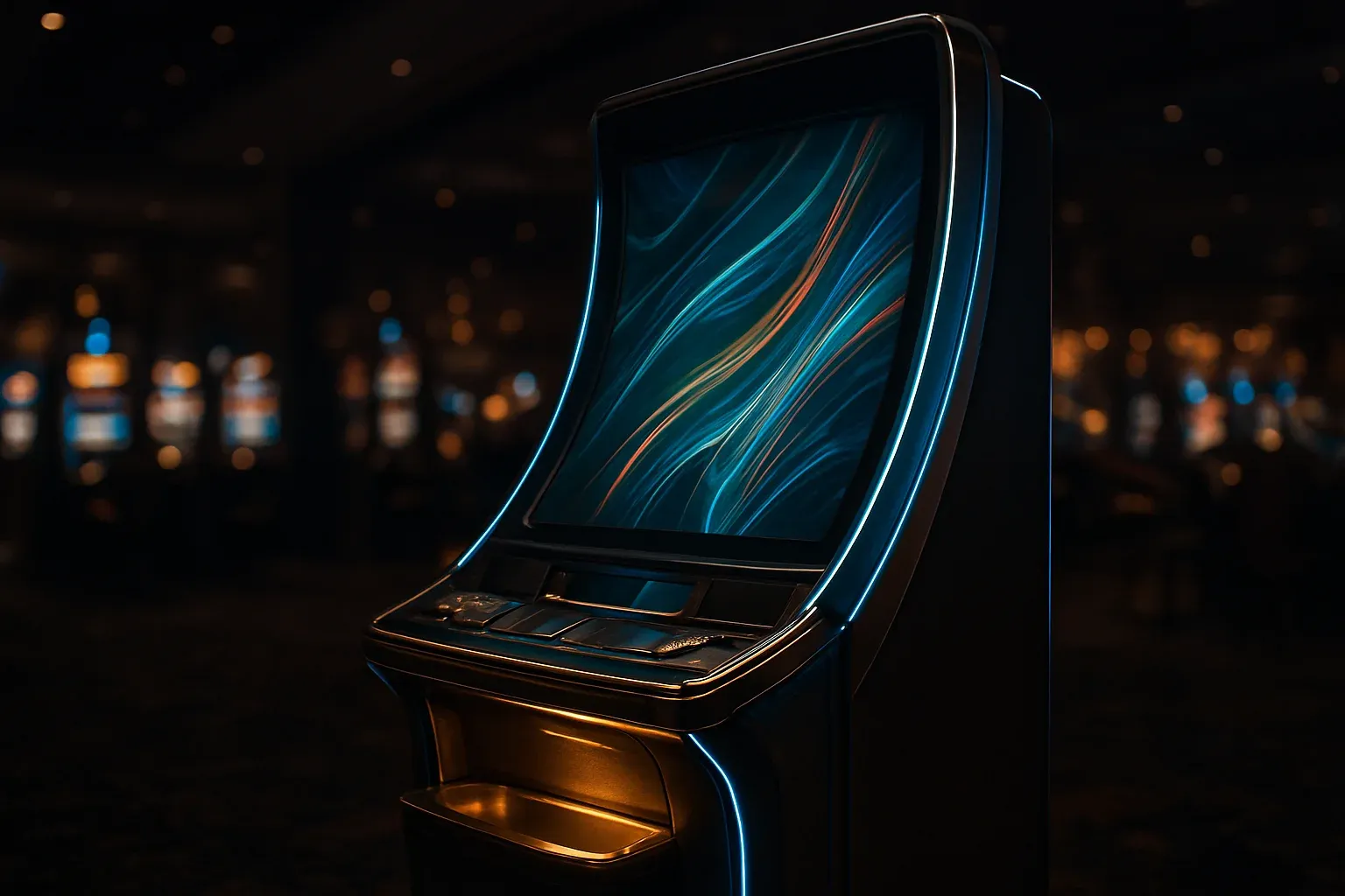 Hyperrealistic wide shot of premium slot machine in dark luxury casino